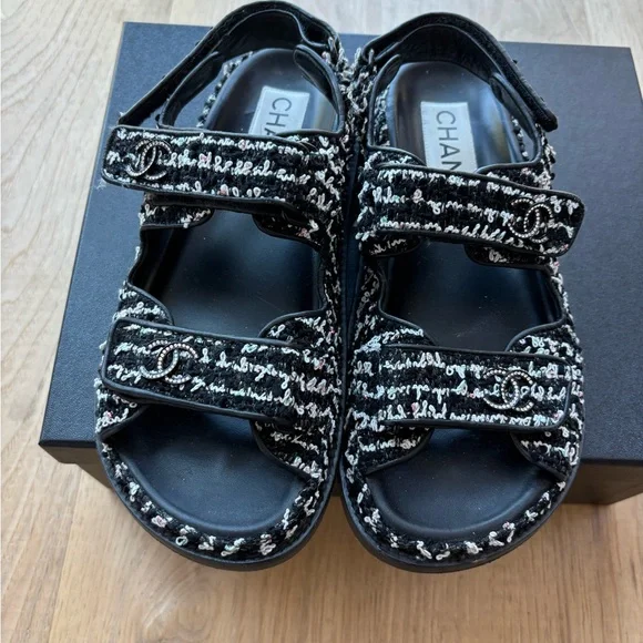 CHANEL Black and White Tweed Sandals - Picture 1 of 4